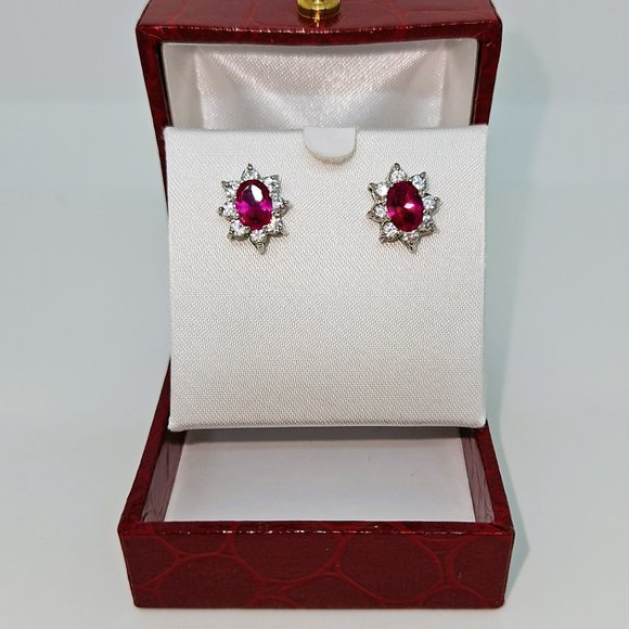 Simulated Ruby Red/White Oval Stud Earrings - Picture 4 of 12